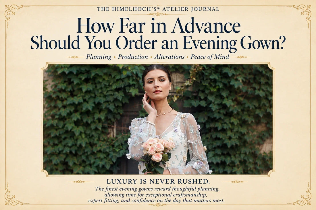 Editorial cover for Himelhoch's® Atelier Journal article about how far in advance to order a made-to-order luxury evening gown, featuring a woman in an embroidered couture gown holding roses.