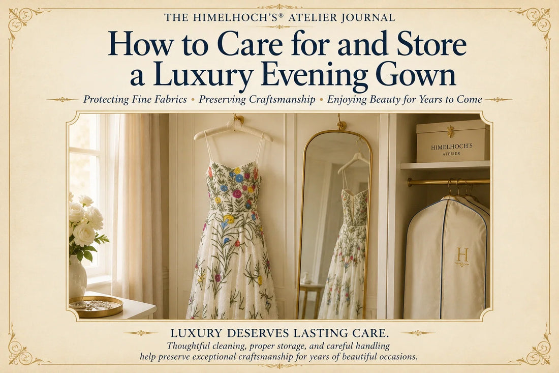 Luxury embroidered evening gown displayed in an elegant dressing room for a Himelhoch's® Atelier Journal article about gown care and storage.