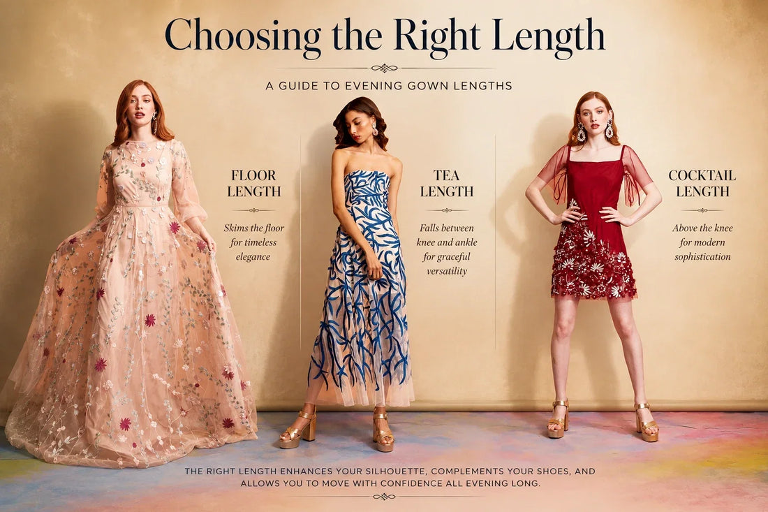 Three women modeling floor-length, tea-length, and cocktail-length evening dresses in a guide to choosing the right gown length.