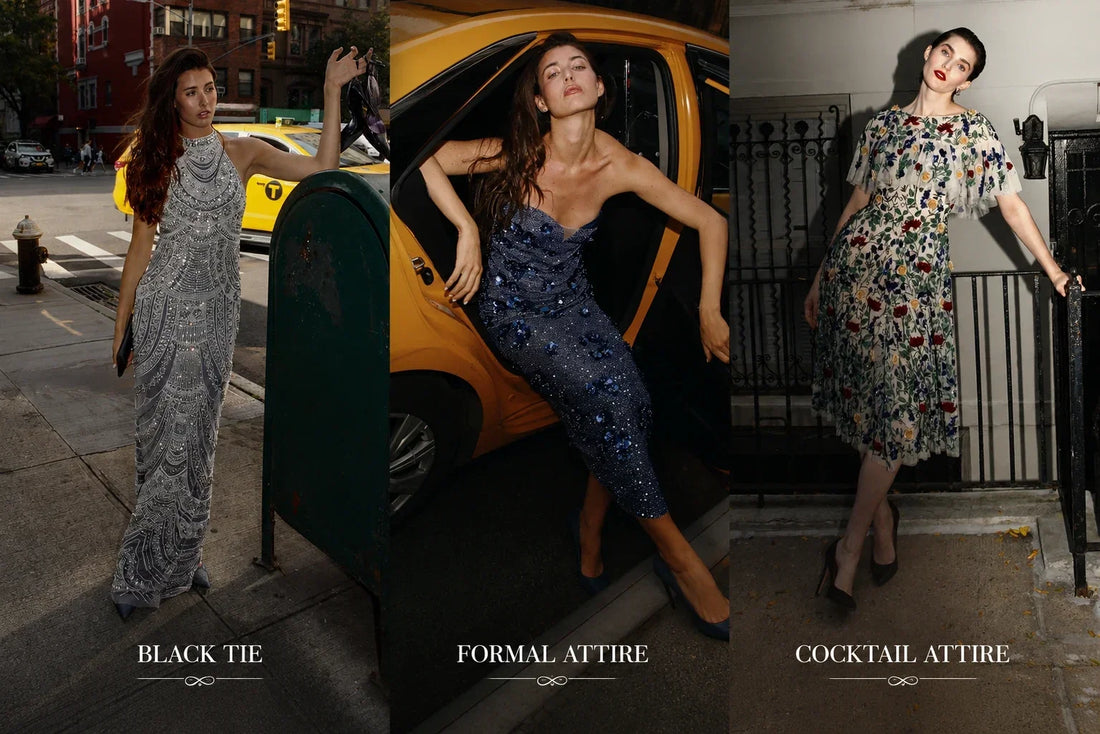 Comparison of black tie, formal attire, and cocktail attire for women in editorial city settings.