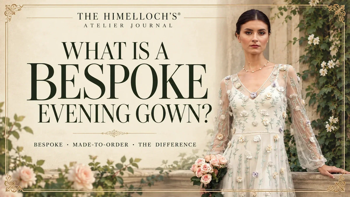 Lavanya Coodly floral appliqué evening gown featured in the Himelhoch’s Atelier guide to bespoke evening gowns