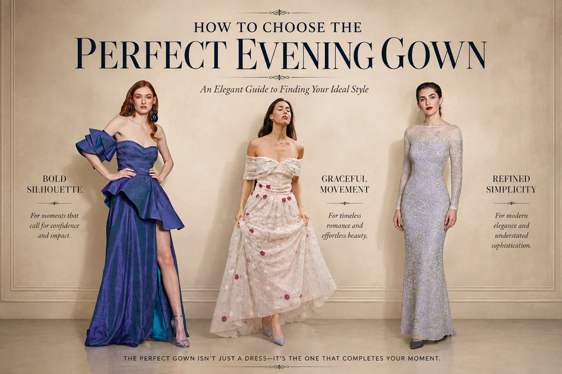 Three designer evening gowns illustrating different styles in a guide to choosing the perfect evening gown from Himelhoch's® Atelier Journal.