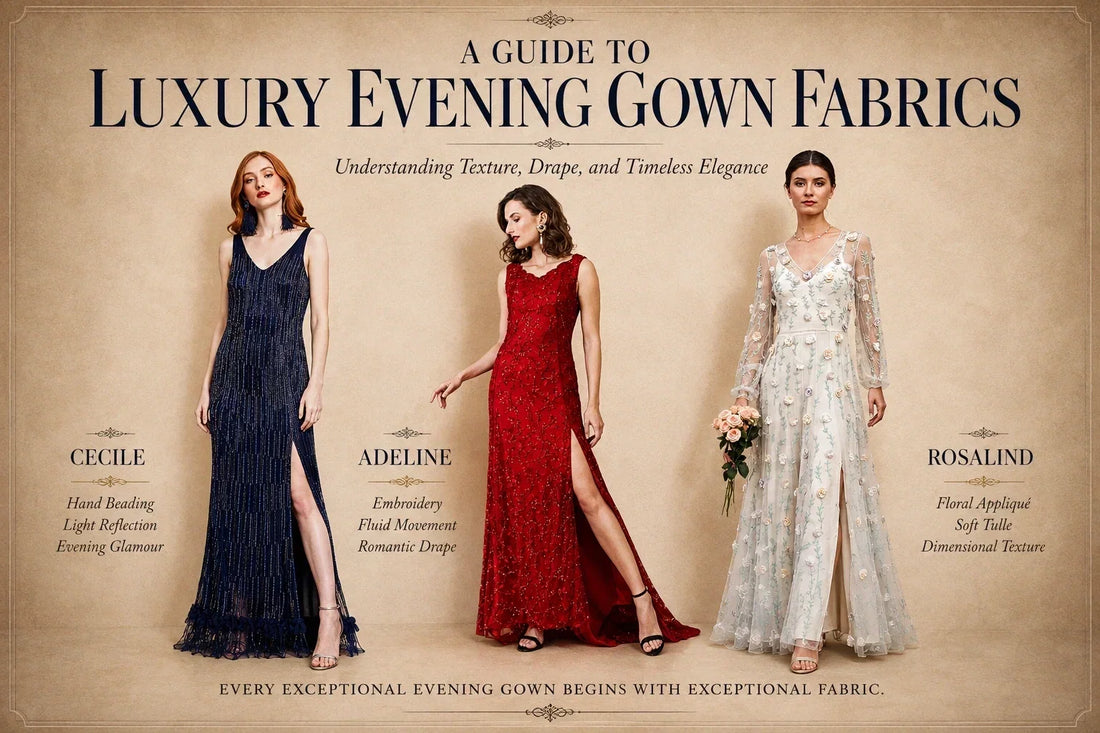 Luxury evening gown fabrics including beaded, embroidered, and floral appliqué evening gowns by Himelhoch's Atelier.