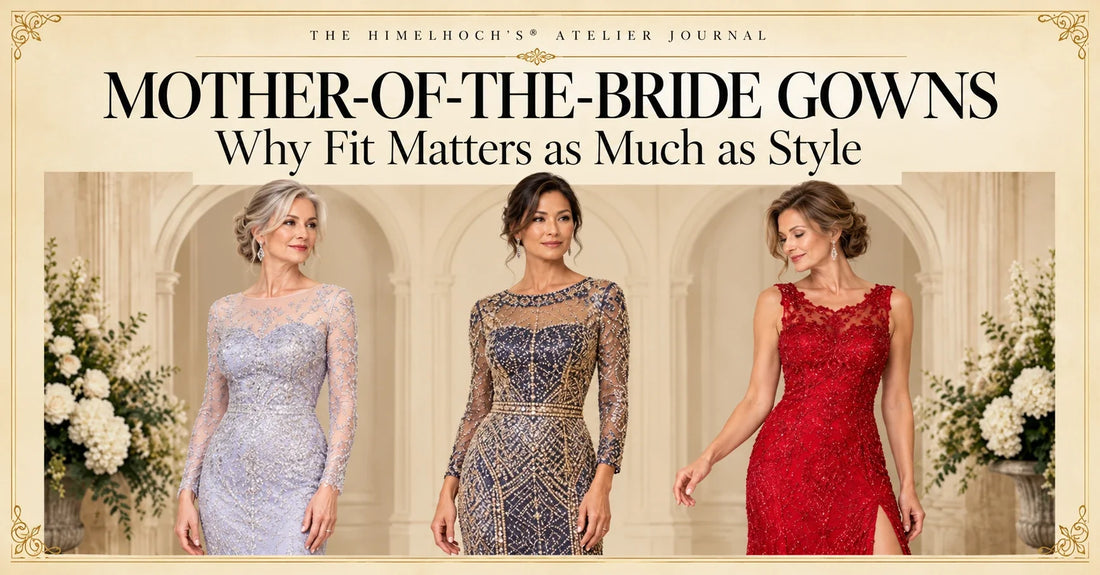 Three elegant mothers of the bride wearing fitted evening gowns in lavender, navy and gold, and red.