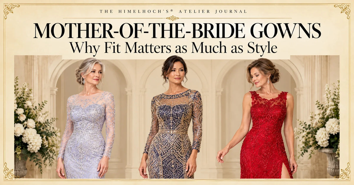 Three elegant mothers of the bride wearing fitted evening gowns in lavender, navy and gold, and red.