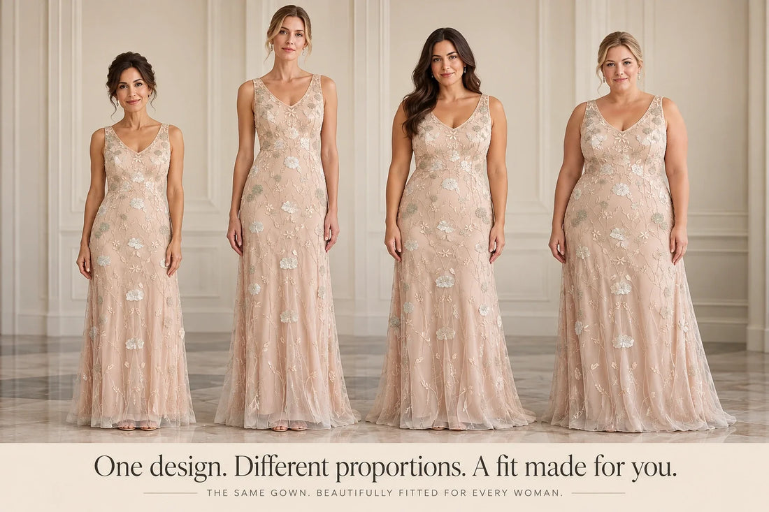 Four women with different body proportions wearing the same made-to-order Nadine embroidered tulle evening gown, individually fitted for elegance and comfort.