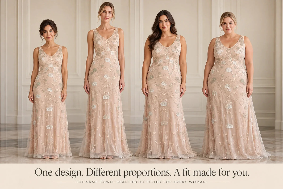 Four women with different body proportions wearing the same made-to-order Nadine embroidered tulle evening gown, individually fitted for elegance and comfort.