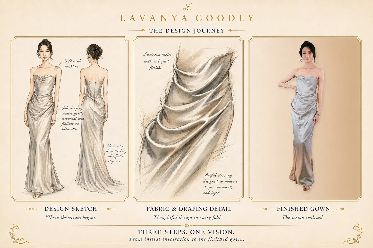 Illustration showing the couture design journey from initial fashion sketch to fabric draping study and finished Lavanya Coodly evening gown.