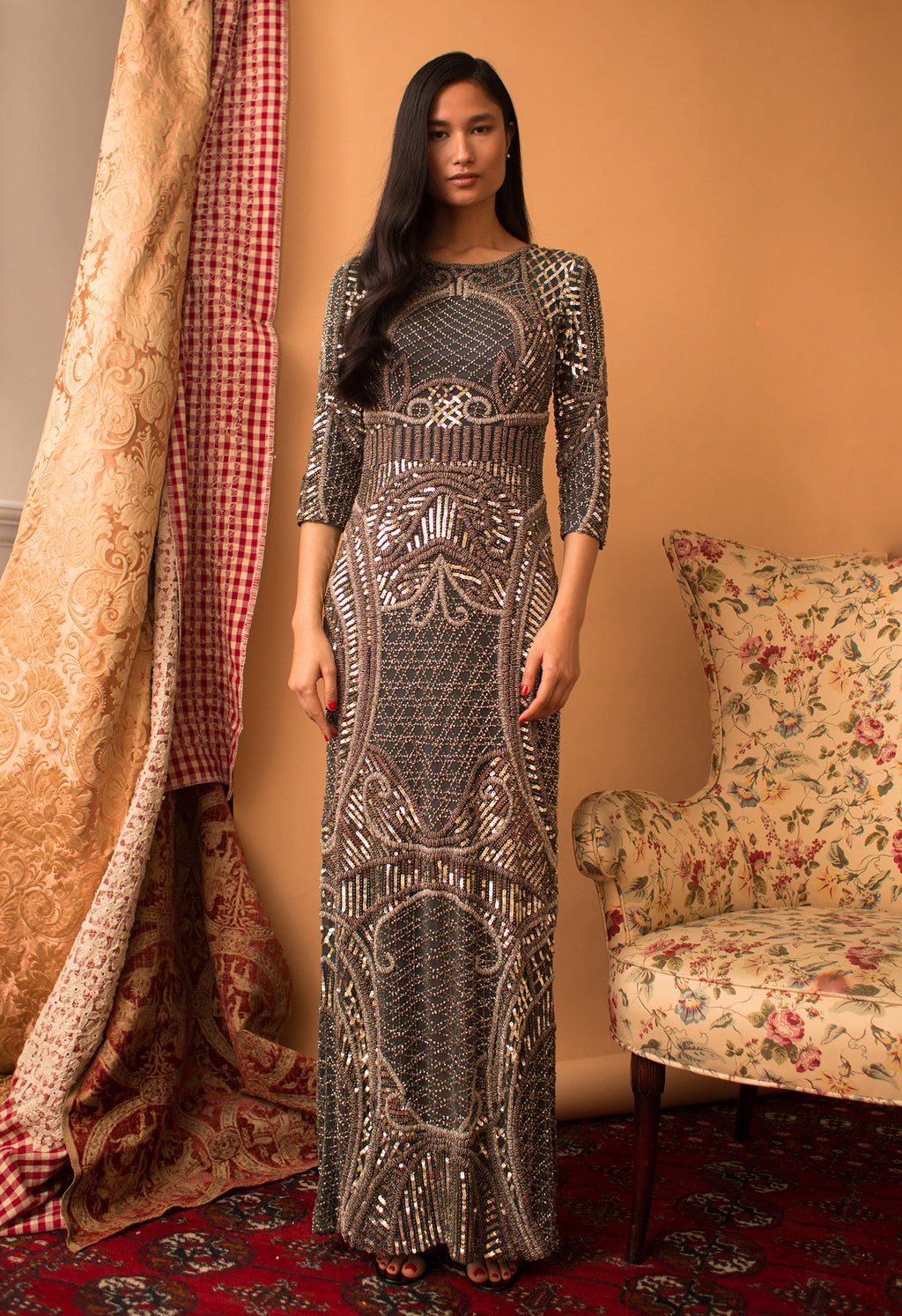 Renée - Antique Silver Beading Tulle Gown