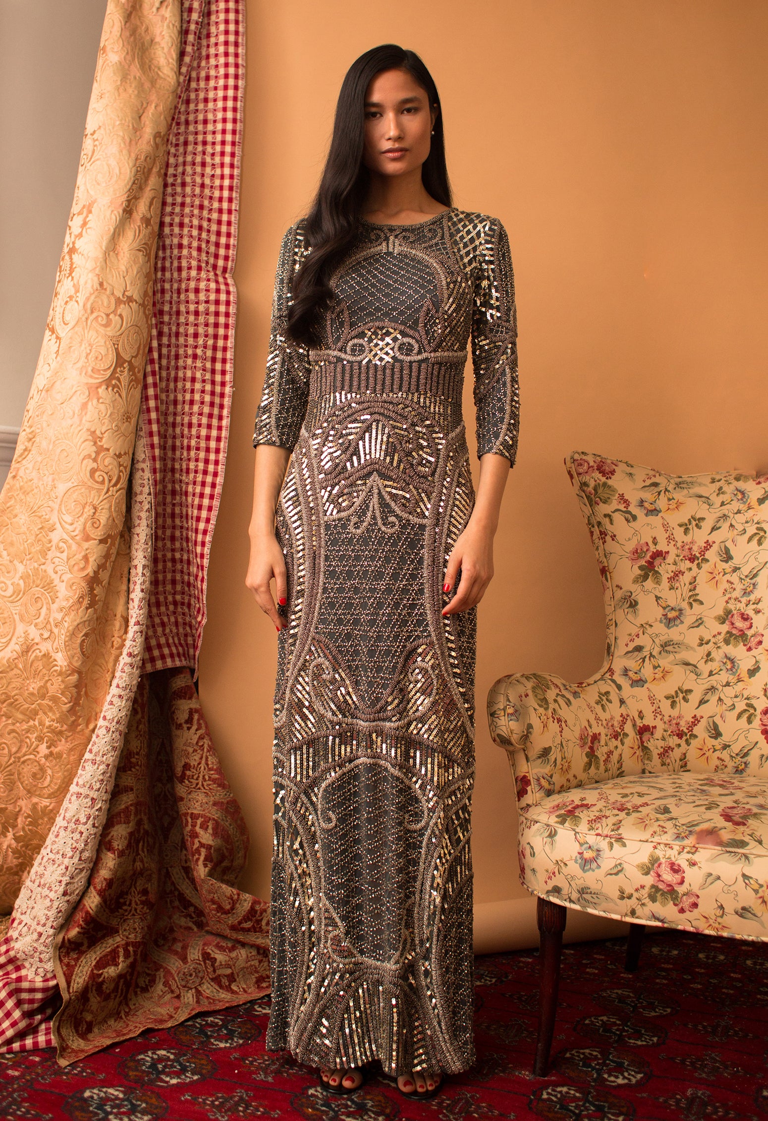 Renée - Antique Silver Beading Tulle Gown