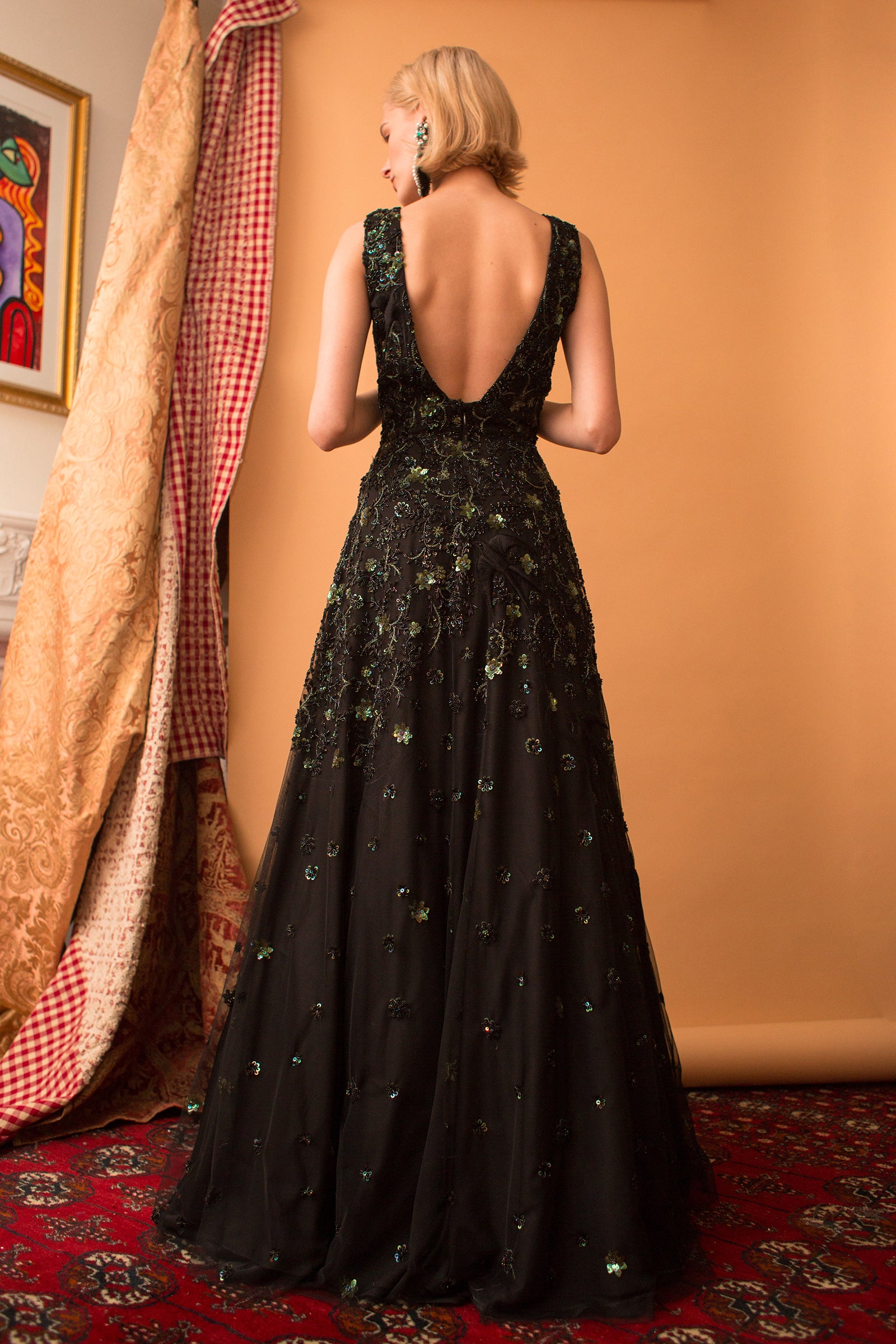 Coleen - Black Hand Beaded Tulle Gown