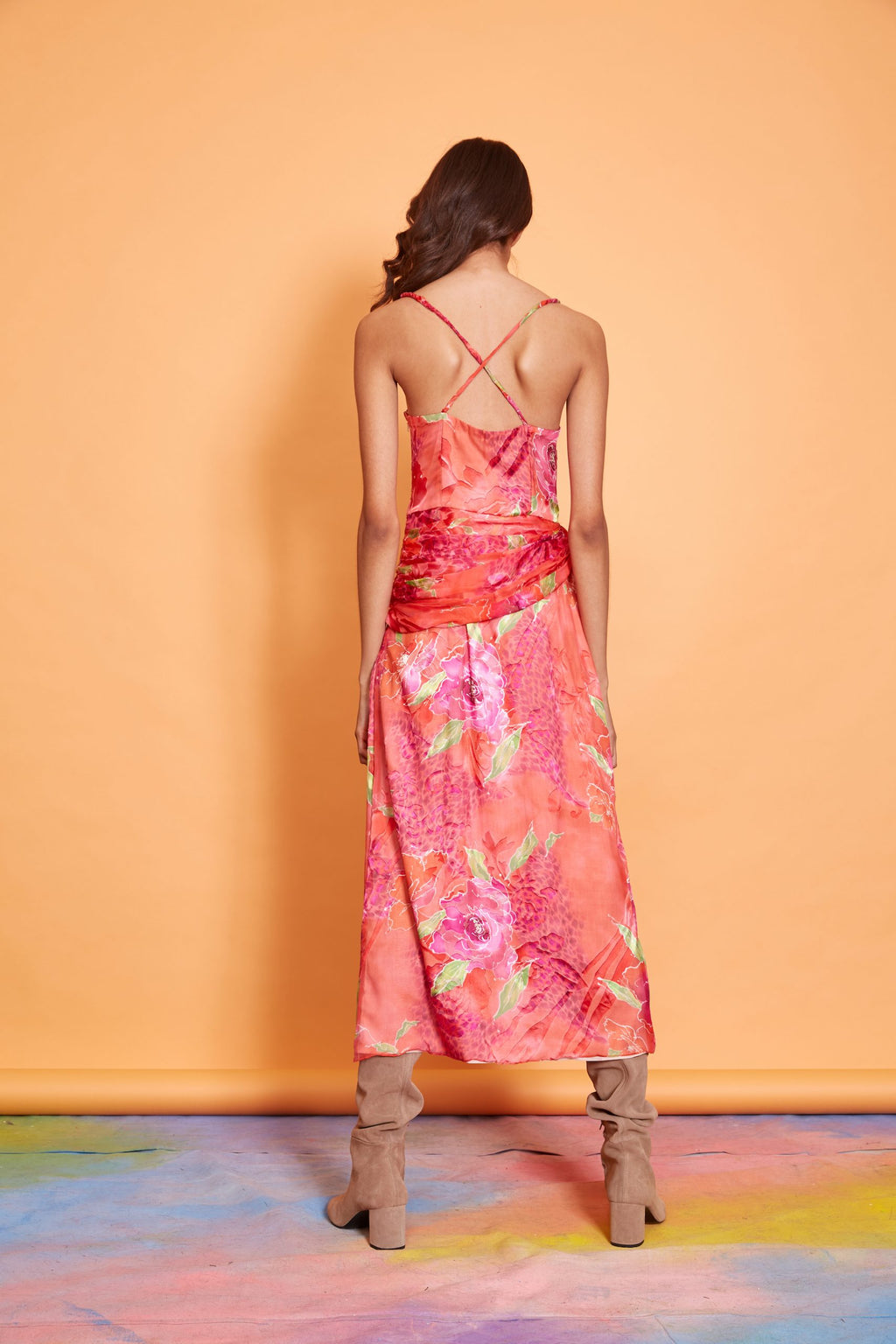 Erica multicolor floral silk chiffon midi dress, full-length back view