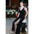 Faye black European tulle gown by Lavanya Coodly with hand-embroidered floral detailing