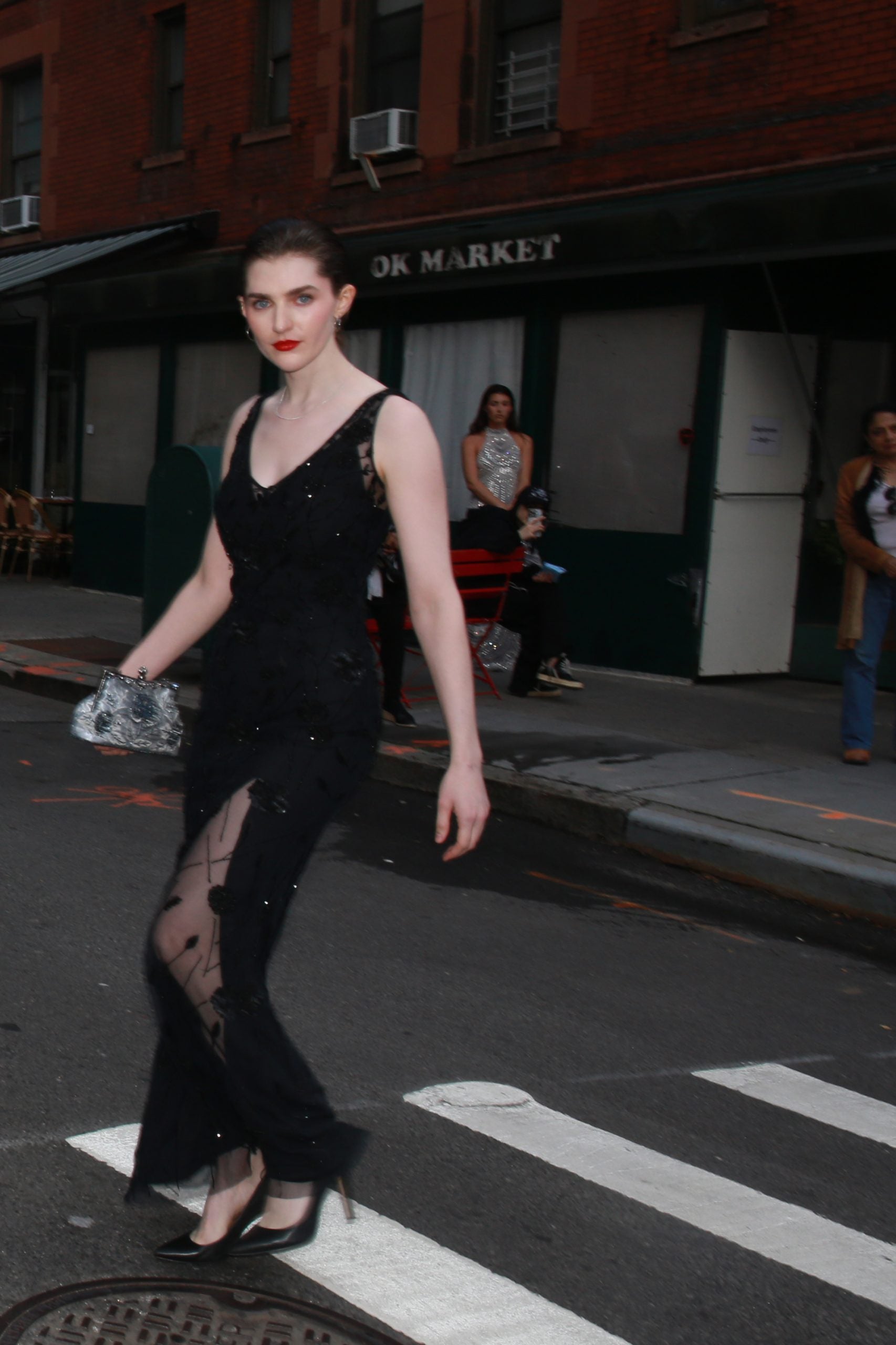 Faye black European tulle evening gown with floral embroidery, alternate full-length view