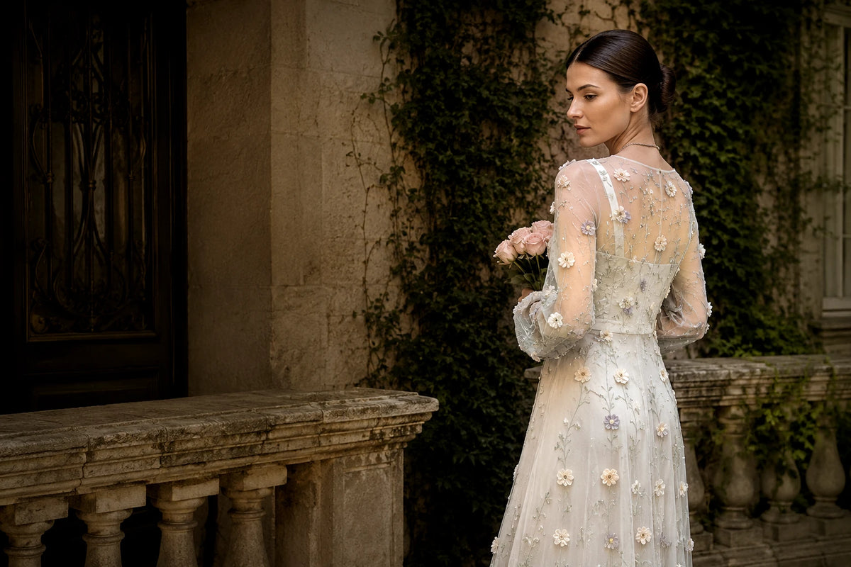 Model wearing a luxury floral evening gown by Lavanya Coodly at Himelhoch's® Atelier