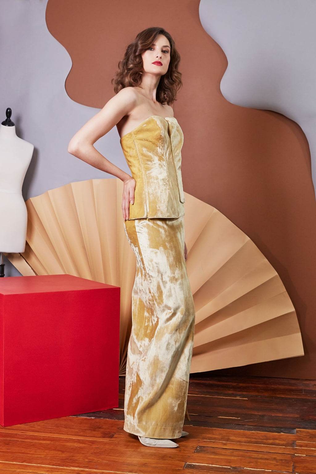 Lavanya Coodly Jillian pale gold silk velvet gown, full-length side view