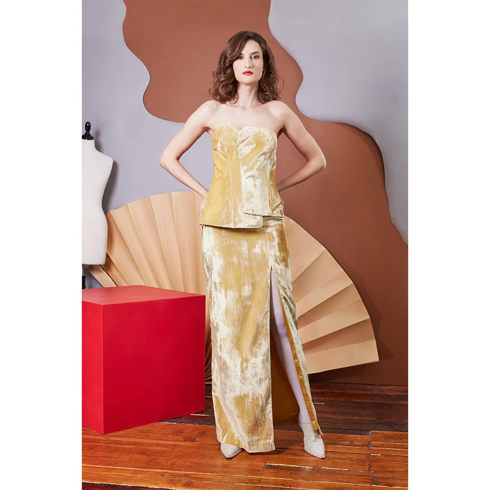 Lavanya Coodly Jillian two-piece pale gold silk velvet gown, front view