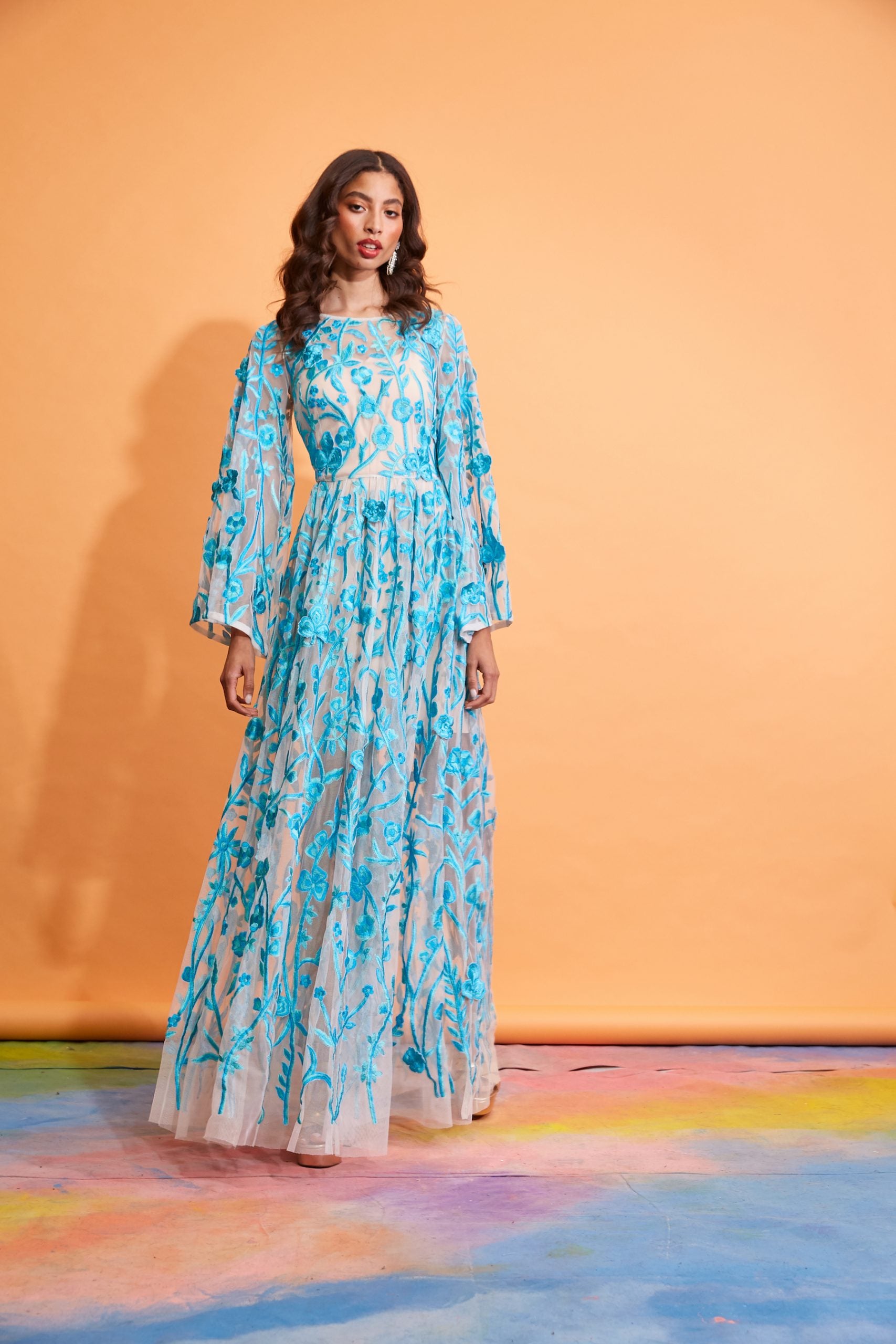 Gladys - Turquoise Floral Motifs Tulle Gown