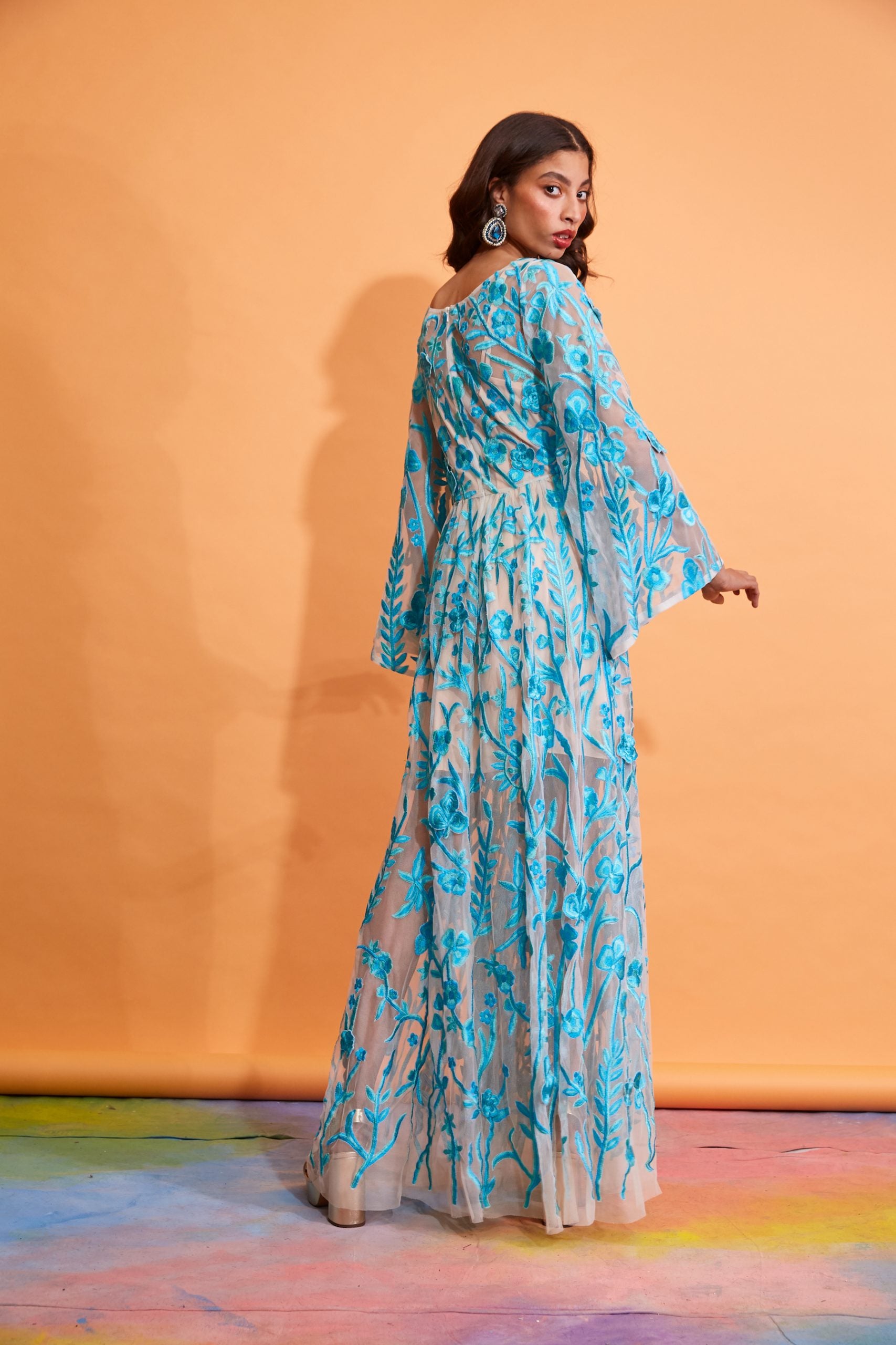 Gladys - Turquoise Floral Motifs Tulle Gown
