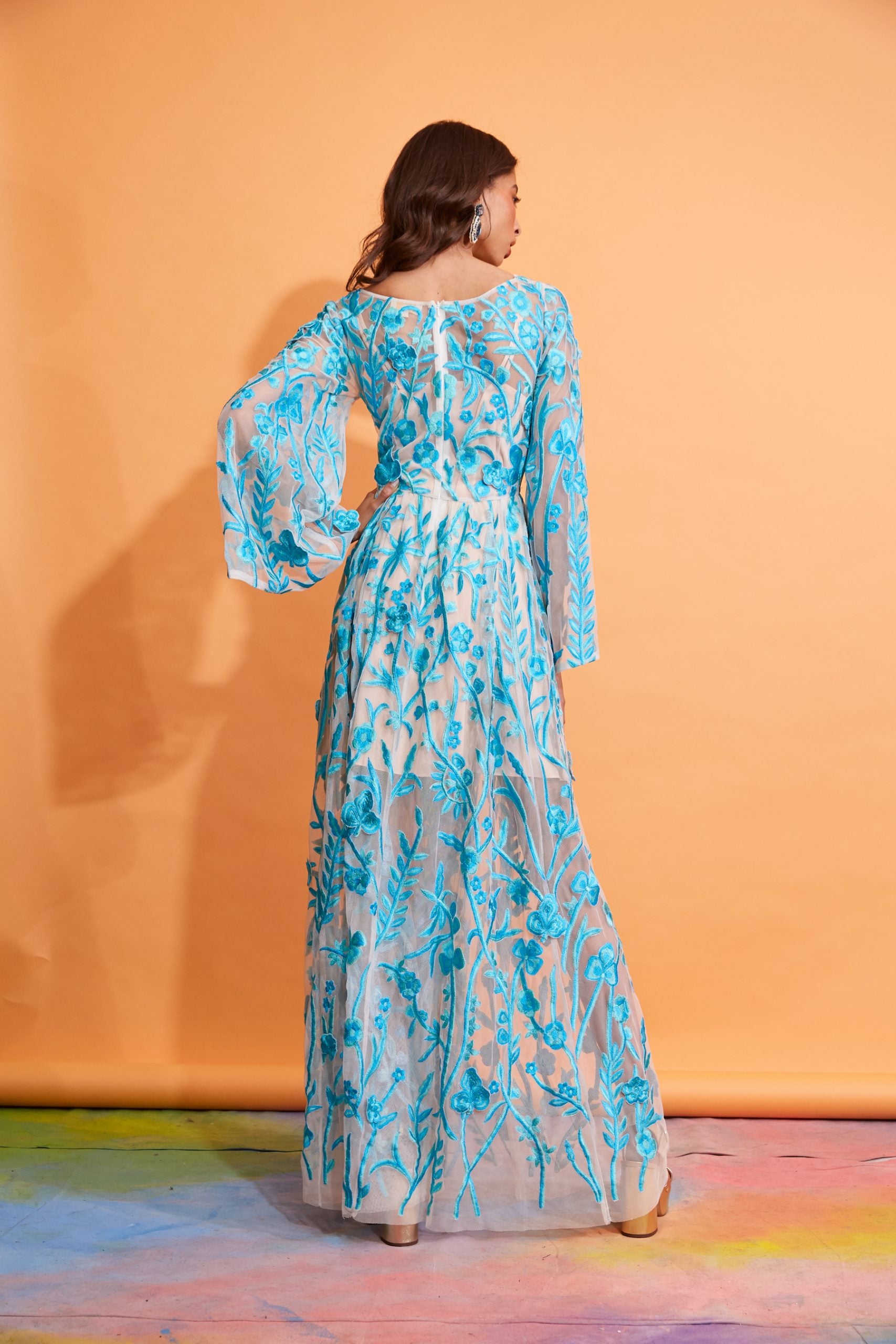 Gladys - Turquoise Floral Motifs Tulle Gown