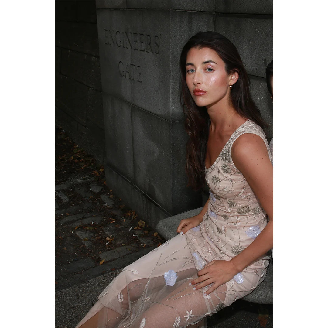 Yvette blush embroidered tulle gown by Lavanya Coodly, seated front view