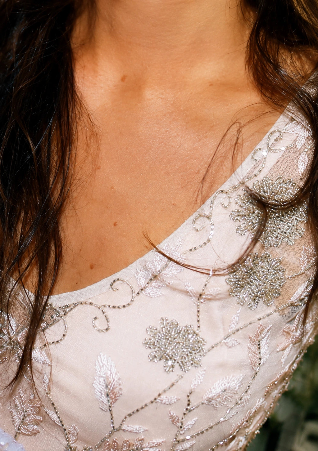 Yvette blush tulle gown with silver floral embroidery, close-up detail view