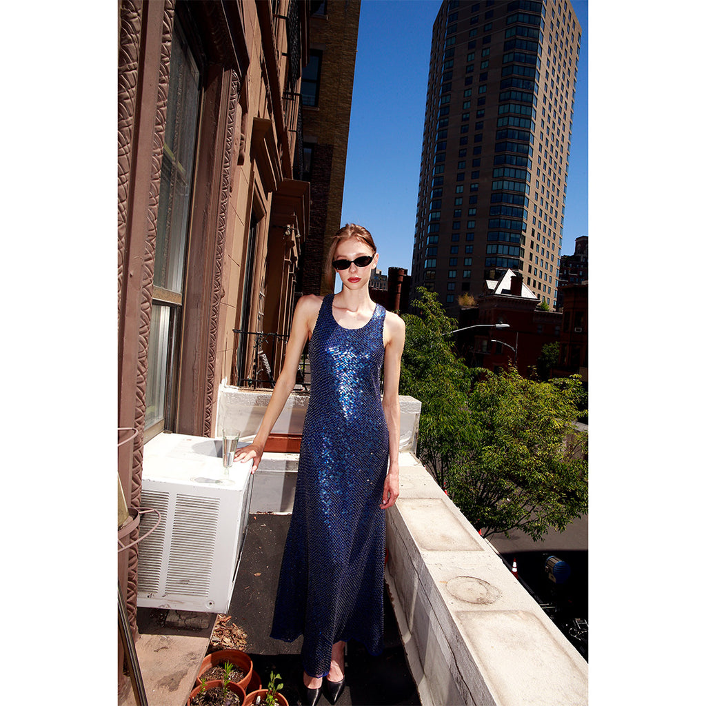 Lavanya Coodly Julienne sapphire sequin evening gown, standing front view
