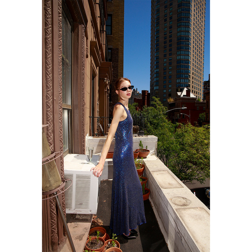 Lavanya Coodly Julienne sapphire sequin evening gown, side view